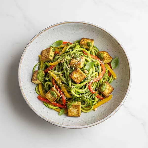 Pesto-Infused tofu with Zucchini Linguine and Rainbow Peppers